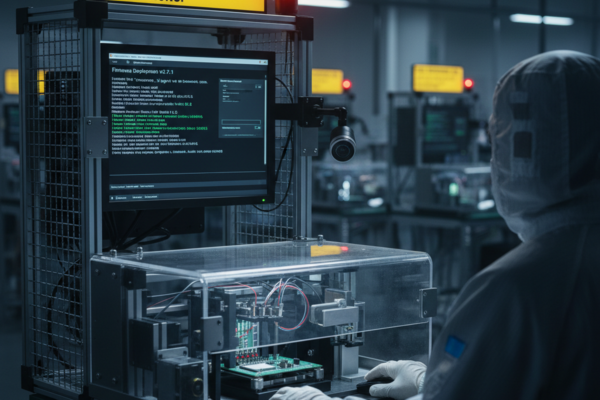 Secure Programming on the PCBA Line Without Leaking IP: A Field Guide for People Who Need Proof A caged electronics programming station shows a monitor with firmware deployment text, a red beacon light, and a mounted camera. A worker in protective clothing operates a fixture over a circuit board under a clear cover.