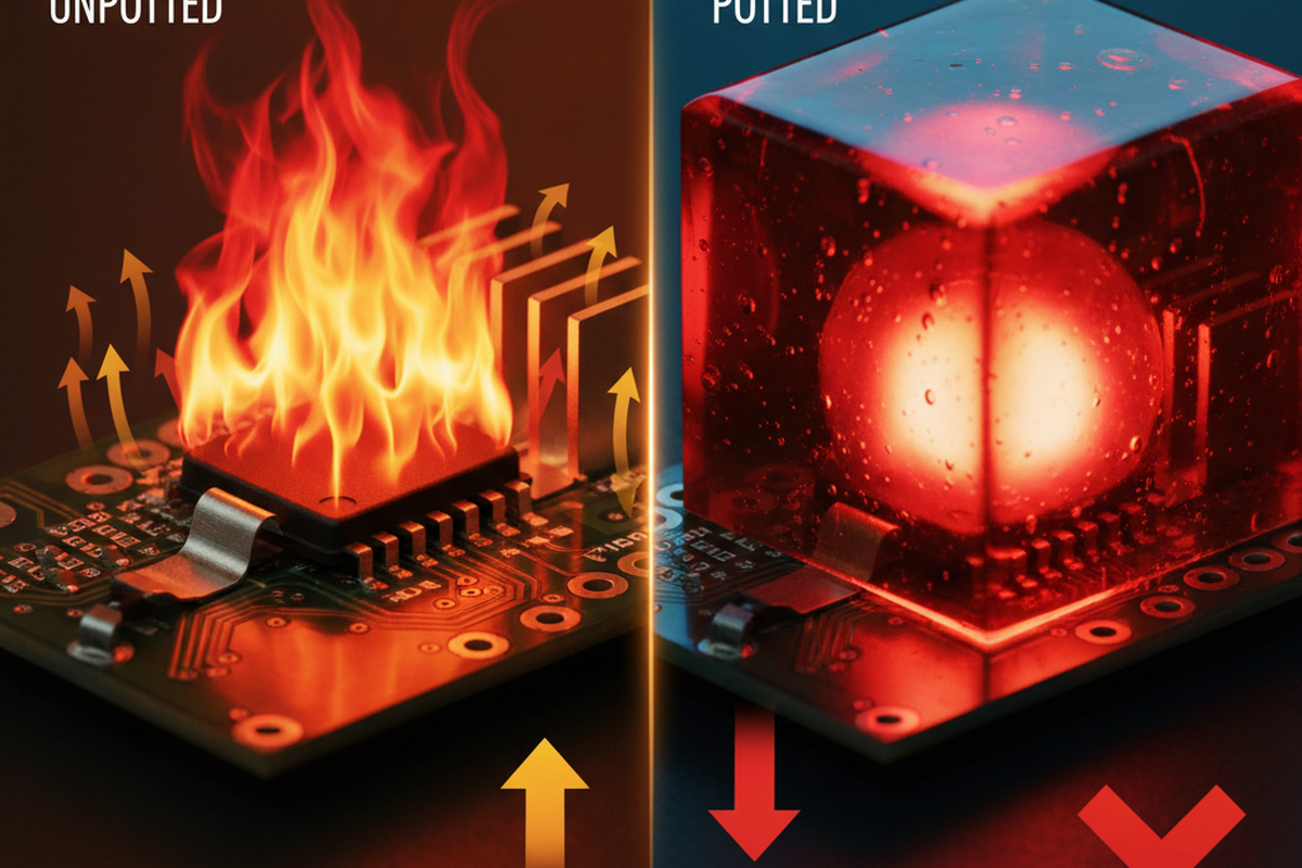 Split illustration compares an unpotted power device with flames and upward heat arrows to a potted device encased in a red translucent block. The right side shows trapped heat with a downward arrow and a red X.